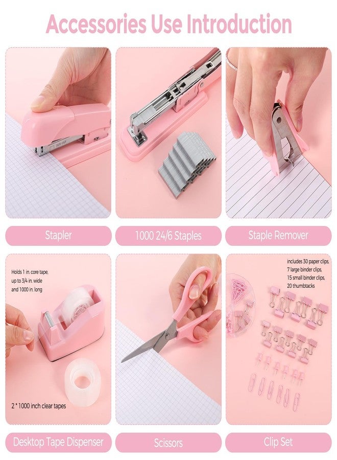 SKYDUE Pink Office Desk Accessories, Pink Office Supplies, Stapler, Tape Dispenser, Scissors, Clips and 1000pcs Staples,Desk Supplies for Women - Image 2