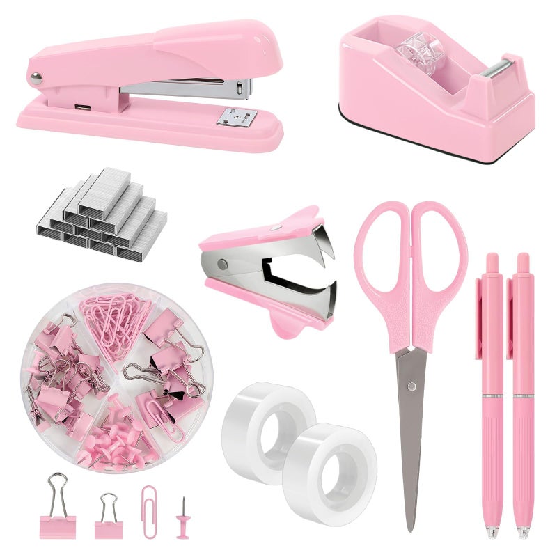 SKYDUE Pink Office Desk Accessories, Pink Office Supplies, Stapler, Tape Dispenser, Scissors, Clips and 1000pcs Staples,Desk Supplies for Women - Image 1