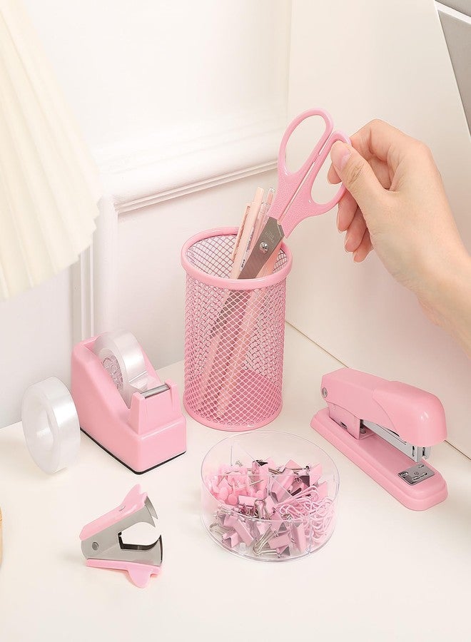 SKYDUE Pink Office Desk Accessories, Pink Office Supplies, Stapler, Tape Dispenser, Scissors, Clips and 1000pcs Staples,Desk Supplies for Women - Image 5