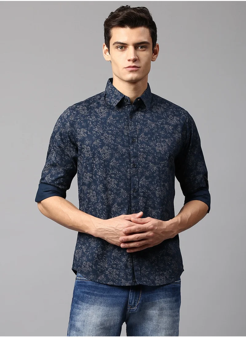 Dennis Lingo Slim Fit Navy Men's Printed Shirt, Spread Collar, Full Sleeves, 100% Cotton,