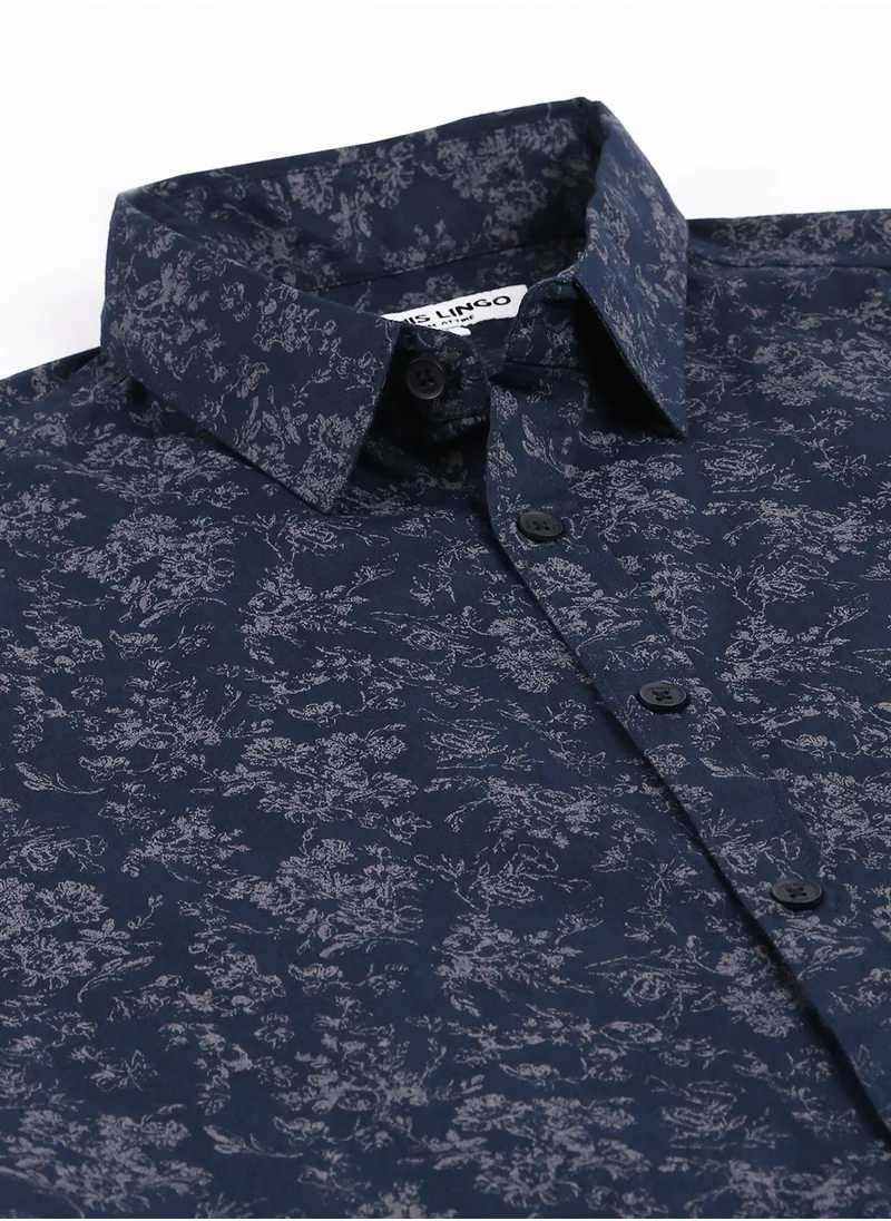 Dennis Lingo Slim Fit Navy Men's Printed Shirt, Spread Collar, Full Sleeves, 100% Cotton,