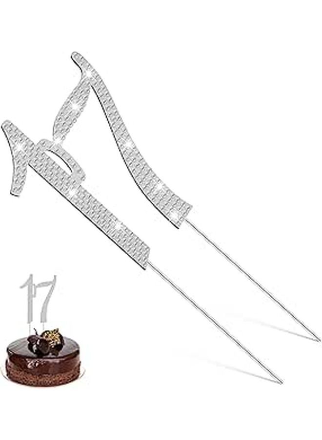 Silver Metal 17th Birthday Cake Topper with Rhinestone Party Decoration for Teen Celebration - Image 1