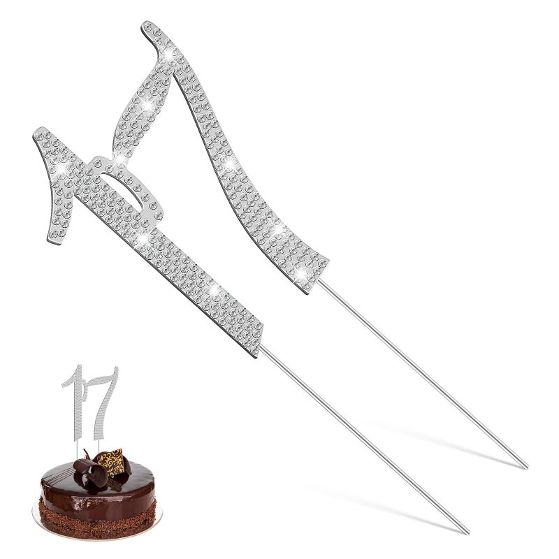 Silver Metal 17th Birthday Cake Topper with Rhinestone Party Decoration for Teen Celebration - Image 2