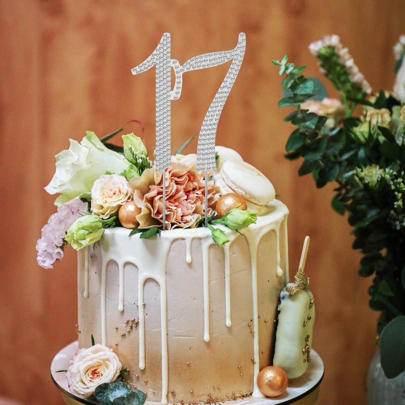Silver Metal 17th Birthday Cake Topper with Rhinestone Party Decoration for Teen Celebration - Image 4