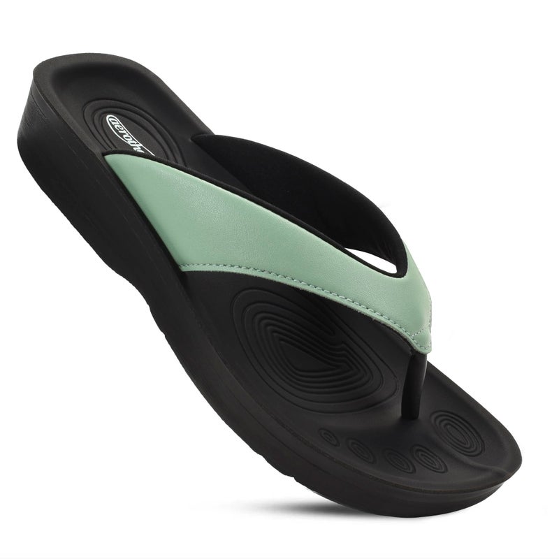 AEROTHOTIC Comfy Flip Flops for Women with Arch Support Orthotic Footbed Stylish Faux Leather Padded Straps with Soft Toe Post & Non-Slip Sole Slip On Casual Indoor and Outdoor Ladies Sandals (Ravine Sage Green, Size 8) - Image 1