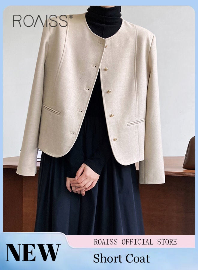 roaiss Women's Solid Color Blazer Premium Cropped Long Sleeve Blazer Women's Slim Work Office Blazer Round Neck Jacket Single-breasted Multi-button Long-sleeved Sweater Jacket - Image 1