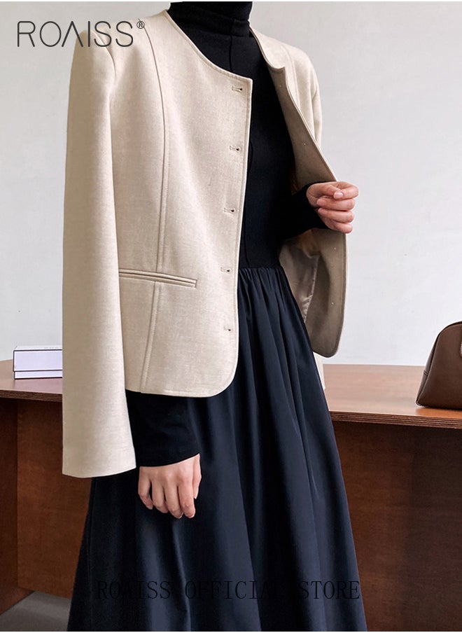 Women's Solid Color Blazer Premium Cropped Long Sleeve Blazer Women's Slim Work Office Blazer Round Neck Jacket Single-breasted Multi-button Long-sleeved Sweater Jacket - pzsku/ZF10319E846C90880101BZ/45/_/1721729622/dbd53ba4-219d-40ca-a0a6-3bd1efb384ba