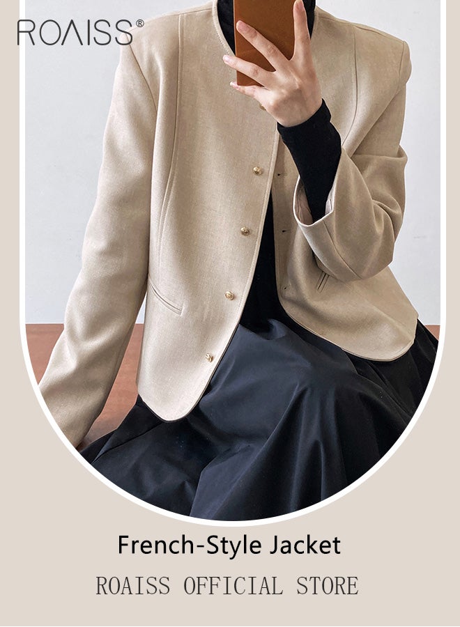 roaiss Women's Solid Color Blazer Premium Cropped Long Sleeve Blazer Women's Slim Work Office Blazer Round Neck Jacket Single-breasted Multi-button Long-sleeved Sweater Jacket - Image 4