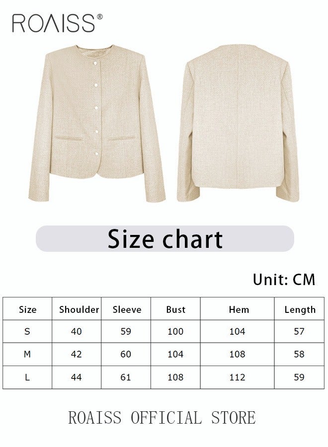 roaiss Women's Solid Color Blazer Premium Cropped Long Sleeve Blazer Women's Slim Work Office Blazer Round Neck Jacket Single-breasted Multi-button Long-sleeved Sweater Jacket - Image 3