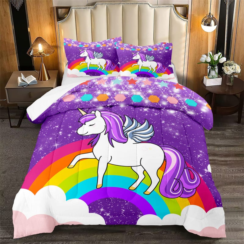 Unicorn Girls Full Size Bedding Sets Cartoon Unicorn Comforter Kids Bedding Set Cute Rainbow Unicorn Print Full Size Bedding Unicorn Kawaii Comforter Set Purple 1 Comforter2 Pillowcases