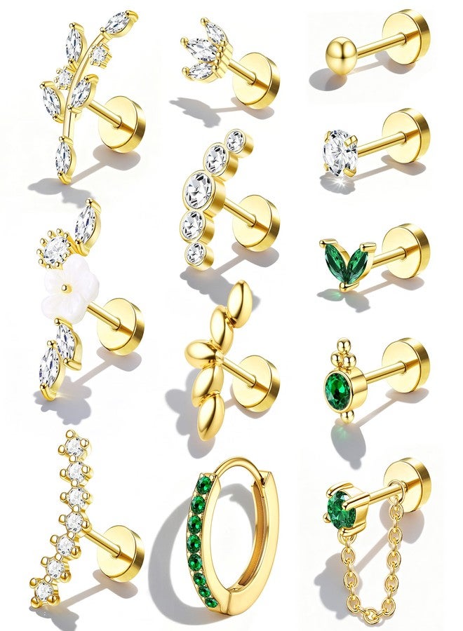 Sanfenly 16 Gauge Cartilage Earrings for Women Flat Back Earrings Hypoallergenic Surgical Stainless Steel Earring Stacks for Multiple Piercing Flatback Stud Hoop Cartilage Earring Set Helix Conch Tragus Daith Piercing Jewelry Gold 12 PCS（Single) - Image 1