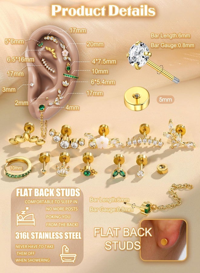 Sanfenly 16 Gauge Cartilage Earrings for Women Flat Back Earrings Hypoallergenic Surgical Stainless Steel Earring Stacks for Multiple Piercing Flatback Stud Hoop Cartilage Earring Set Helix Conch Tragus Daith Piercing Jewelry Gold 12 PCS（Single) - Image 2