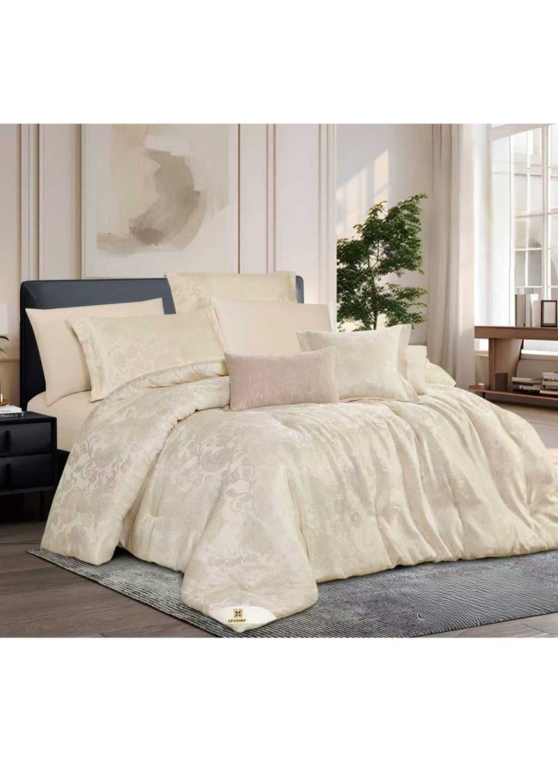 Gardenia Luxurious Jacquard Summer Double Bed Set, 8 Pieces, Attractive Colors, Decorate Your Room with a Vintage Style  1 Quilt (240*260cm), 1 Fitted Sheet (200*200cm), 2 Pillowcases (50*75cm), 2 Cushion Covers (50*75*5cm), 2 Pillowcases (45*45cm). - Image 1