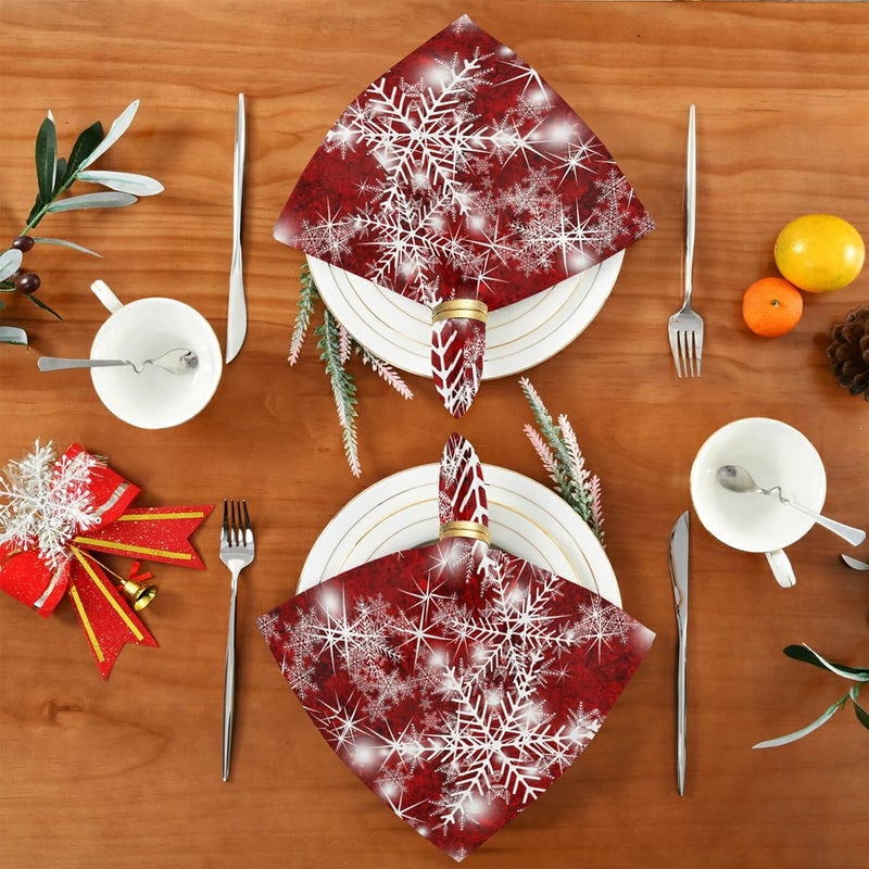 senya Christmas Cloth Napkin Christmas Background with Snowflakes Red Cloth Napkin Set of 6 Washable Reusable Polyester Table Napkins for Family Dinner Party Holiday - Image 5