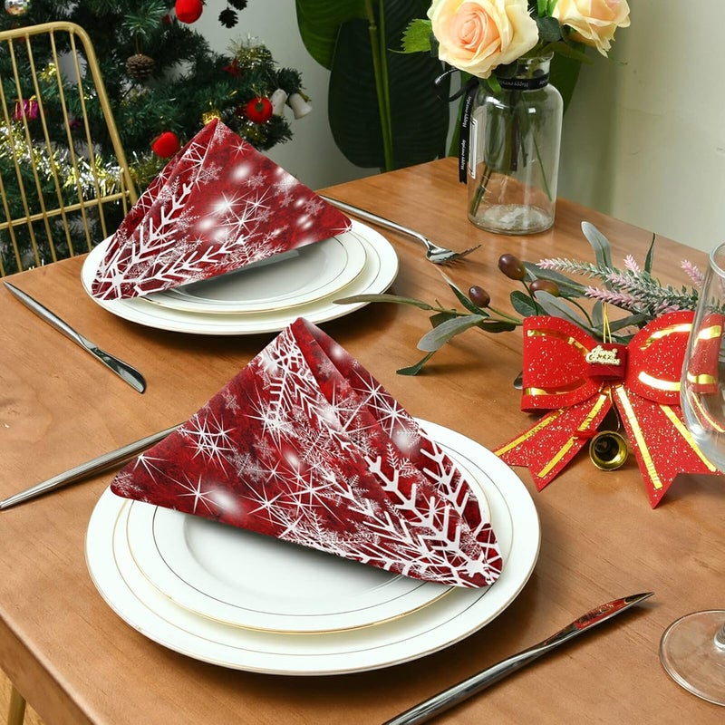 senya Christmas Cloth Napkin Christmas Background with Snowflakes Red Cloth Napkin Set of 6 Washable Reusable Polyester Table Napkins for Family Dinner Party Holiday - Image 4