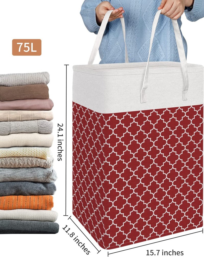 House of Quirk Laundry Hamper 75L Collapsible Large Laundry Baskets with Easy Carry Handles Freestanding Waterproof Clothes Hamper Storage Basket for Toys Clothes Organizer (75Litre, Red) - Image 2