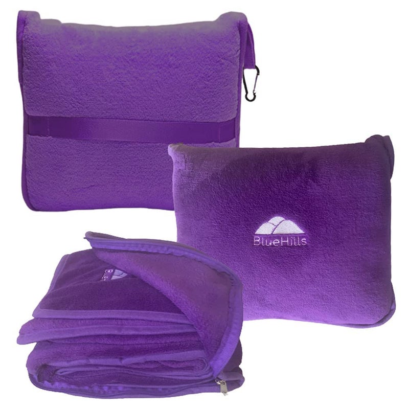 BlueHills BlueHills Travel Blanket Pillow Premium Soft Plush for Airplane Travel Size Blanket Throw Long Flight Essentials in Compact Bag Plane Portable Lightweight Purple T021 