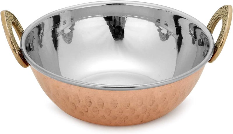 AVS STORES Set of 4 Indian Copper Serveware Karahi Vegetable Dinner Bowl with Solid Brass Handle for Indian Food Diameter 15 cm 6 Inches Gold - Image 3