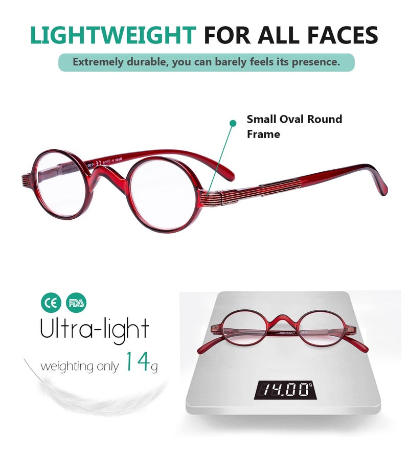 Eyekepper Small Oval Round Reading Glasses Vintage Mini Reader Eyeglasses for Men Women Reading with Spring Hinges Red Frame +0.50 - Image 4