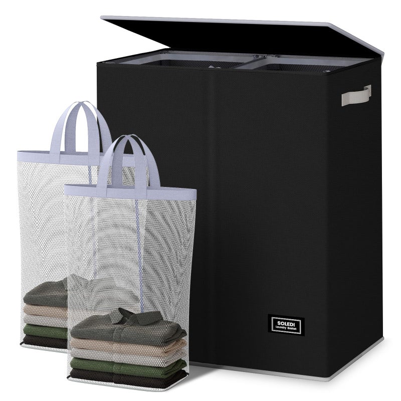 SOLEDI Double Laundry Hamper with Lid and Removable Laundry Bags  Large Dirty Clothes Hamper 2 Section  Collapsible Laundry Baskets for Bedroom Bathroom Laundry room Apartment Black