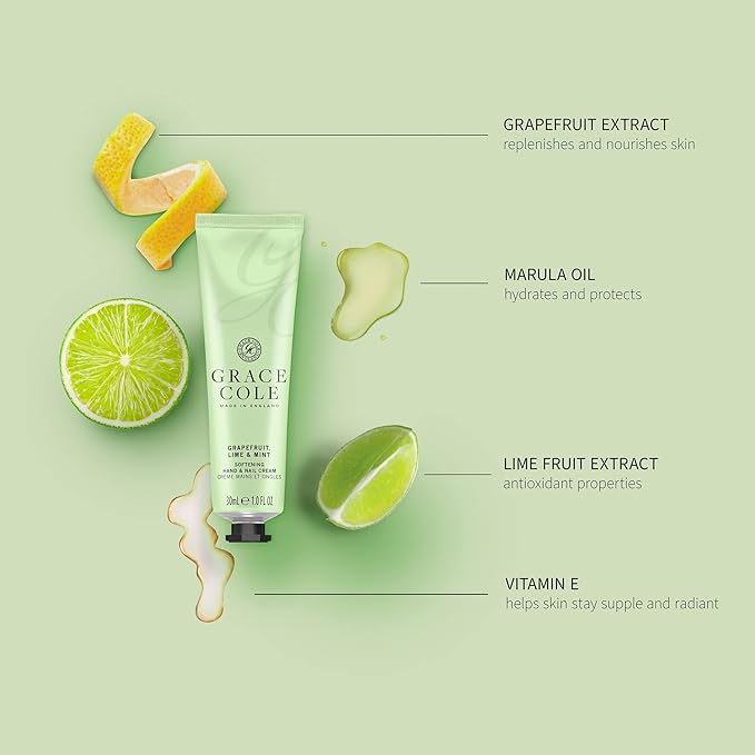 Grace Cole Grapefruit Lime Mint Fragrance Moisturising Hand and Nail Cream 30ml Essential Oils Vegan and Cruelty Free No SLS or Parabens Made In England - Image 2