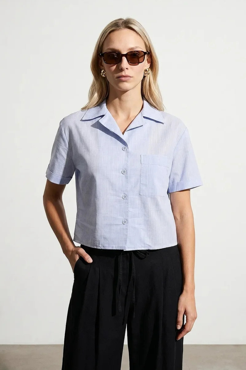 Dilvin Baby Blue DILVIN Women's Cotton Poplin Crop Shirt for Women | Best Price UAE