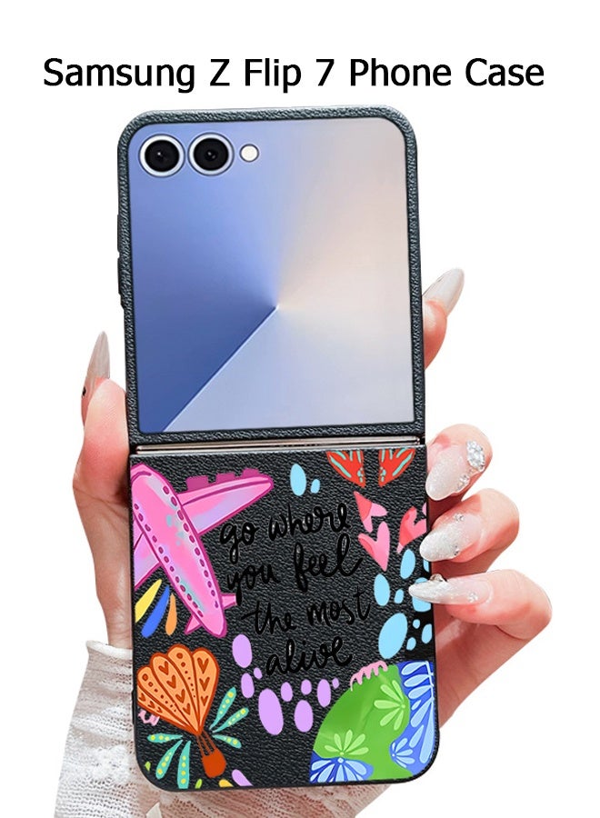 Wffo Compatible with Samsung Galaxy Z Flip 7 Case [Compatible with MagSafe] - Leather Texture Phone Case - Cartoon Airplane Pattern Phone Case - Personalized Graffiti Phone Case - Magnetic Phone Case - TPU Shockproof Protective Case - Black - Image 1