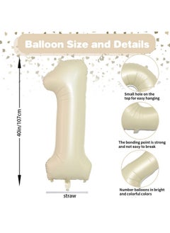 Sowide Beige 40 Inch Number 1 Balloon,Large Self Inflating Cream Foil Number Balloons 0-9 For Boys Girls,White Sand One Balloons For Birthday Party Decorations Supplies  - Image 2
