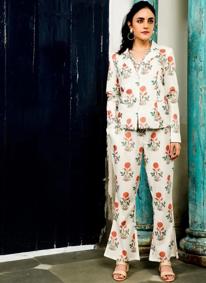 أيه كيه إس Floral Printed Pure Cotton Blazer and Trousers Set for Women
