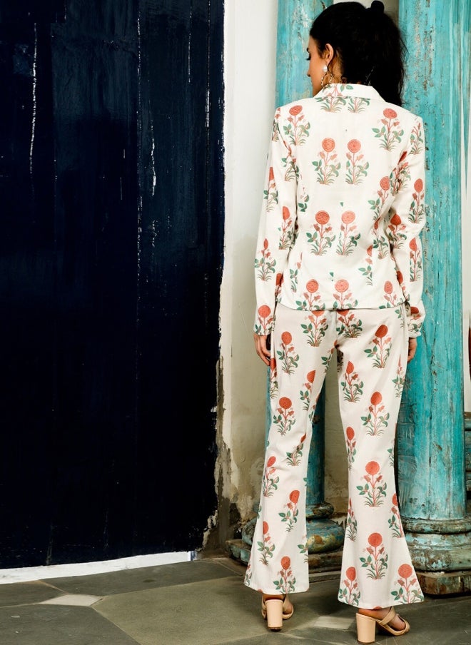 AKS Floral Printed Pure Cotton Blazer and Trousers Set for Women - Image 3