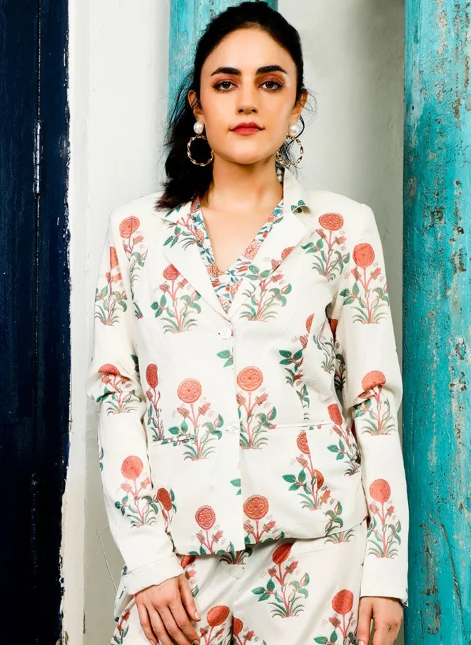 أيه كيه إس Floral Printed Pure Cotton Blazer and Trousers Set for Women