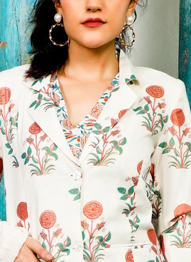 AKS Floral Printed Pure Cotton Blazer and Trousers Set for Women - Image 5