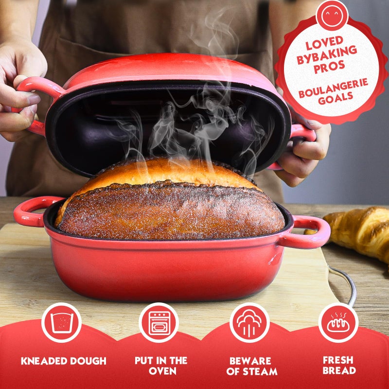 PROCHOP Dutch Oven for Bread Baking 9x6 Inch - 2.5QT Bread Pans for Homemade Bread Cast Iron Bread Pan Dutch Oven Loaf Pan with Lid and Loop Handles for Homemade Breadmaking, Red - Image 4