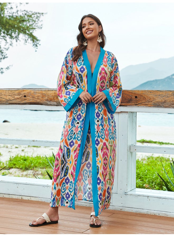 Generic 2024 European And American Rayon Beach Blouse Robe Vacation Cardigan Bikini Swimsuit Sun Protection Shirt Coat-Color:73100-5 Light Blue Edge Color Geometry- - Image 1