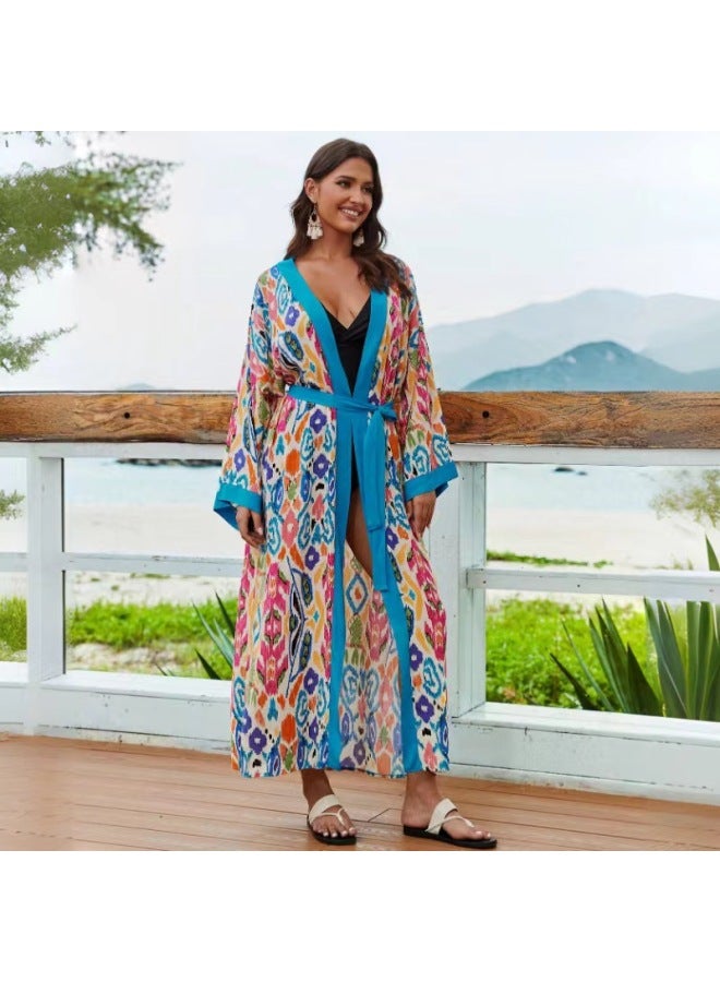 Generic 2024 European And American Rayon Beach Blouse Robe Vacation Cardigan Bikini Swimsuit Sun Protection Shirt Coat-Color:73100-5 Light Blue Edge Color Geometry- - Image 3