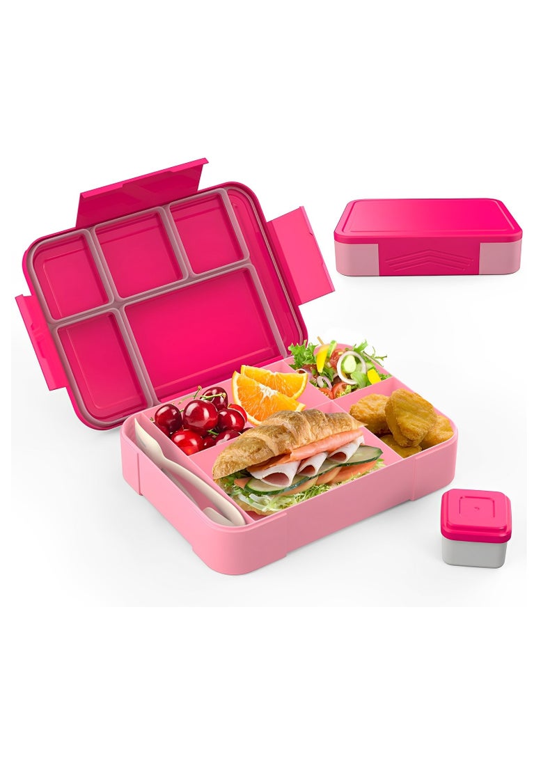 Perfin Bento Box, Lunch Box for Kids, Bento Lunch Box Kids Adults，With Fork Spoon,Food-Safe Leakproof 5 Compartments and 1 Salad Dressing Containers,1330 ML (Pink)  - Image 1