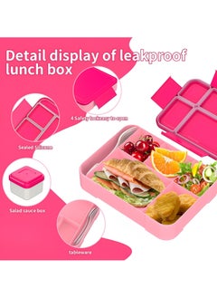 Perfin Bento Box, Lunch Box for Kids, Bento Lunch Box Kids Adults，With Fork Spoon,Food-Safe Leakproof 5 Compartments and 1 Salad Dressing Containers,1330 ML (Pink)  - Image 3