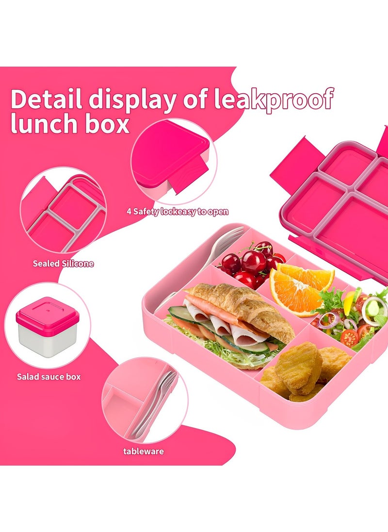 Perfin Bento Box, Lunch Box for Kids, Bento Lunch Box Kids Adults，With Fork Spoon,Food-Safe Leakproof 5 Compartments and 1 Salad Dressing Containers,1330 ML (Pink)  - Image 3