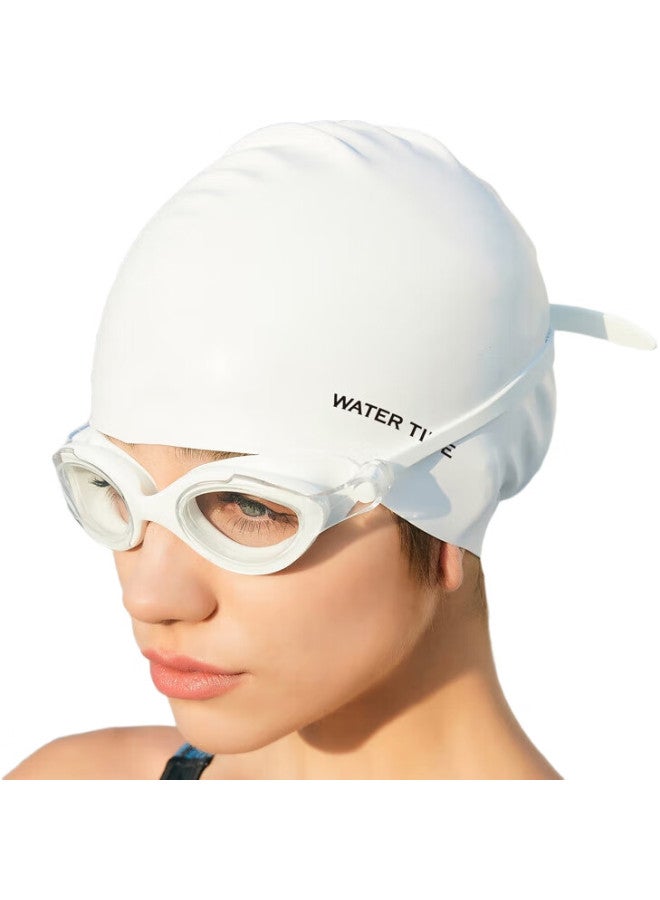 WATERTIME Swimming Goggles, Anti-Fog Swim Glasses For Men And Women, Waterproof Large Frame Swimming Glasses, Silicone Swim Cap Set, White - Image 3