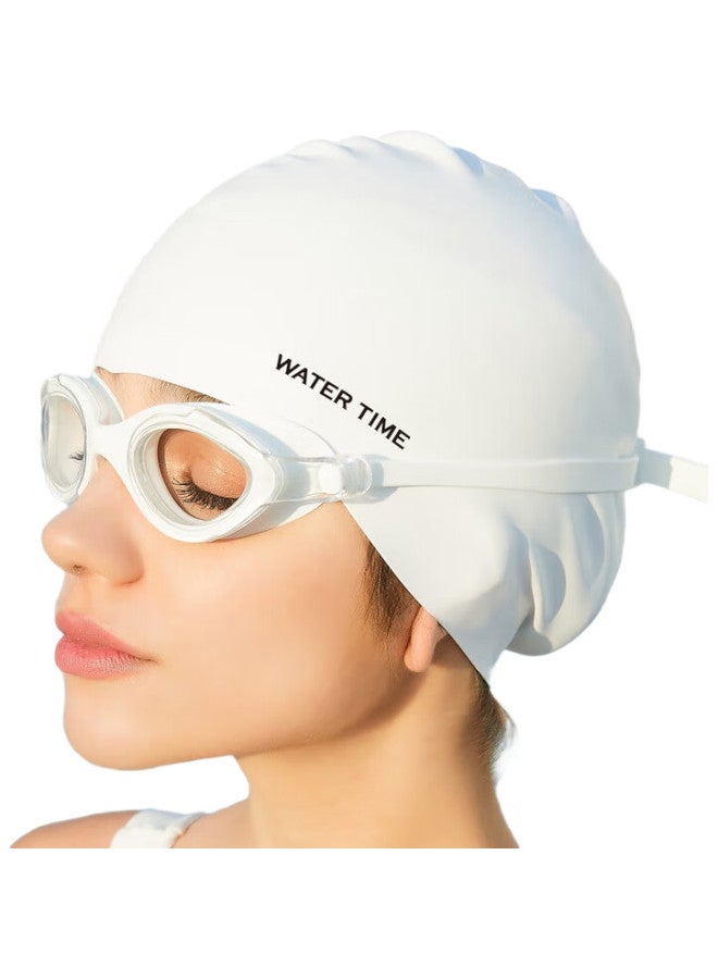 WATERTIME Swimming Goggles, Anti-Fog Swim Glasses For Men And Women, Waterproof Large Frame Swimming Glasses, Silicone Swim Cap Set, White - Image 1