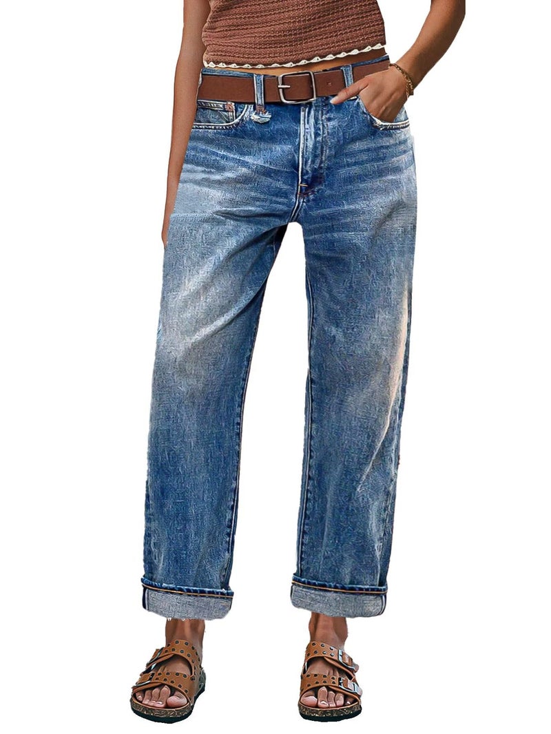 Flamingals Straight Leg Crop Jeans for Women Wash Raw Hem Mid Waist Jeans Sky Blue S - Image 1