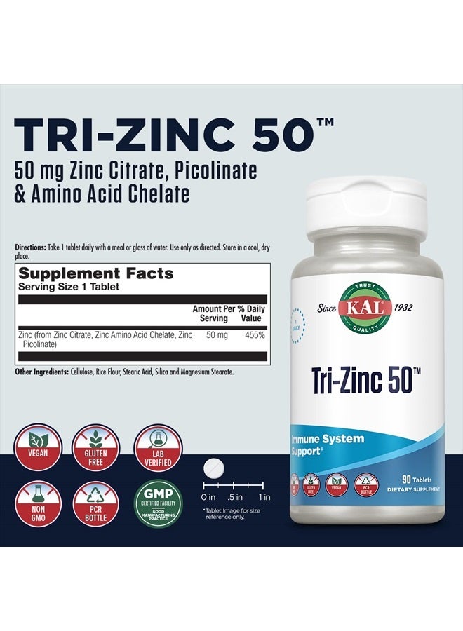 KAL تري زنك 50 ملغ مع زنك سترات، زنك أمينو أسيد خلات وزنك بيكولينات، مكمل دعم الأيض الصحي والمناعة، نباتي، خالي من الغلوتين، غير معدل وراثيًا، ضمان 60 يوم، 90 حصة، 90 قرص - Image 2