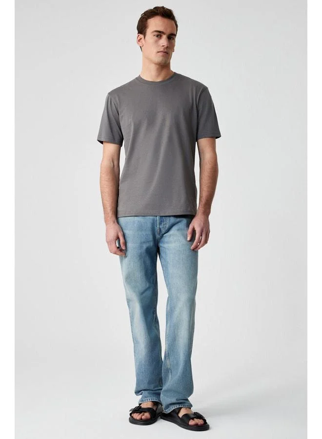 Grimelange Solo Men's 100% Organic Cotton Thick Textured Comfort Fit Bicycle Collar Gray T-Shirt.