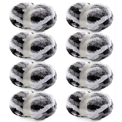 NDICANG 8 Pack Chunky Yarn for Hand Knitting - Chunky Chenille Blanket Yarn for Crocheting and Crochet with Jumbo Fluffy Super Bulky 25 yds 7.7 oz Each Skein (Black White Gray 8Pack) - Image 1