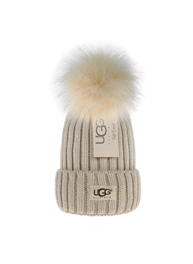 UGG Beige Ribbed Knit Beanie with Fluffy Pom-Pom - Warm Stylish Winter Cap for Daily & Outdoor Use 568Size