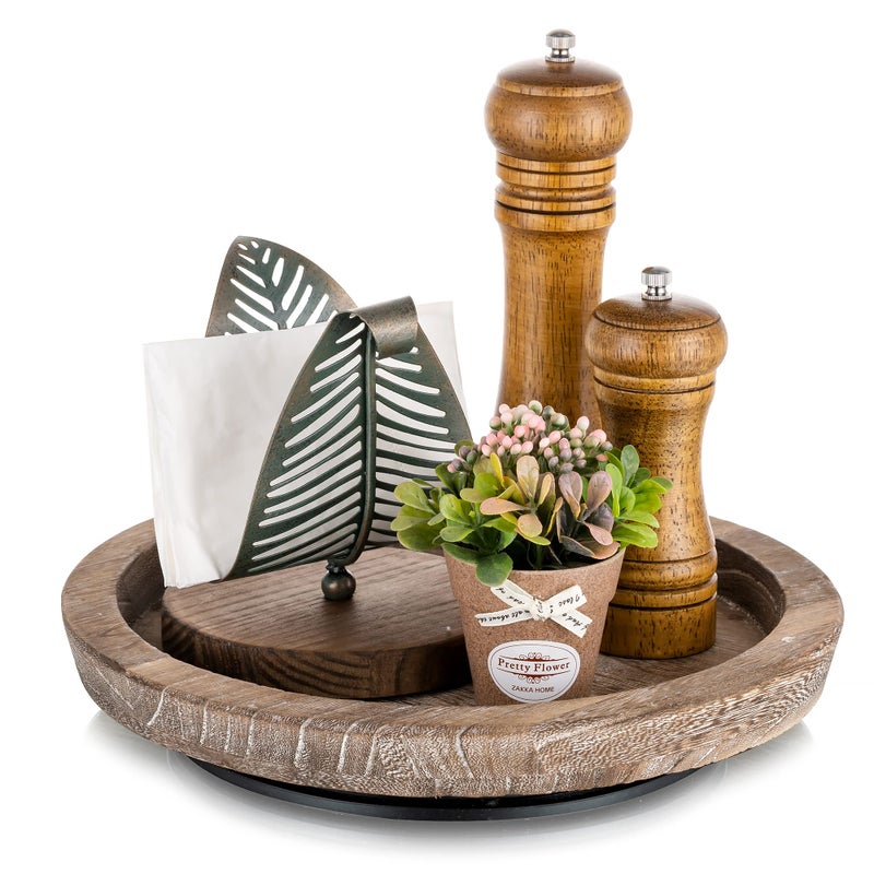 Hanobe Turntable Rustic Wooden Serving Tray: Hanobe Round Wood Decorative Vintage Centerpiece Candle Holder Trays Farmhouse Ottoman Tray with Turn Table for Kitchen Countertop Coffee Table - Image 1