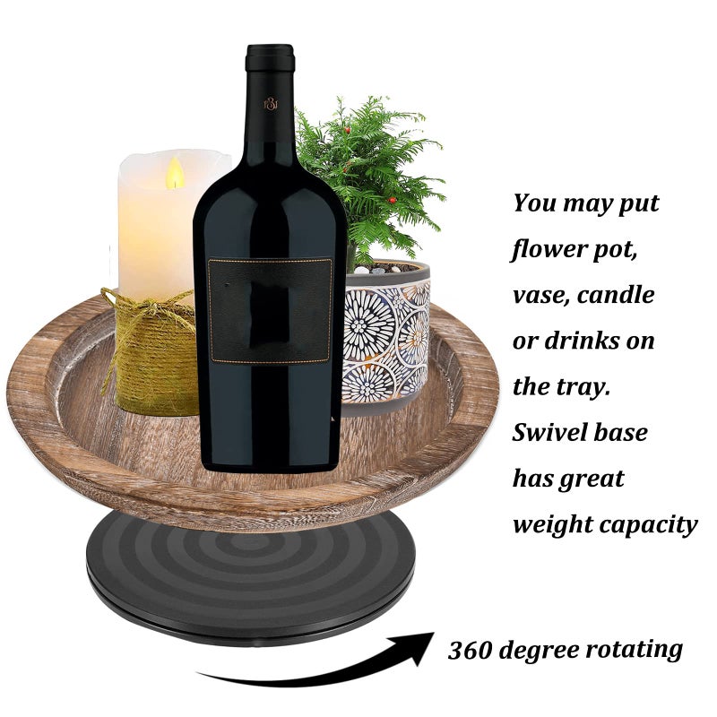 Hanobe Turntable Rustic Wooden Serving Tray: Hanobe Round Wood Decorative Vintage Centerpiece Candle Holder Trays Farmhouse Ottoman Tray with Turn Table for Kitchen Countertop Coffee Table - Image 5