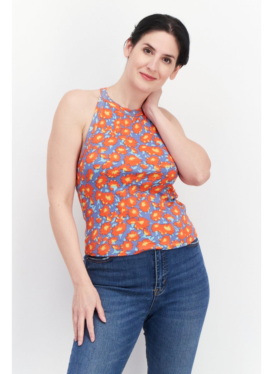 rvca Women Round Neck Sleeveless Floral Print Top, Red Combo  - Image 1