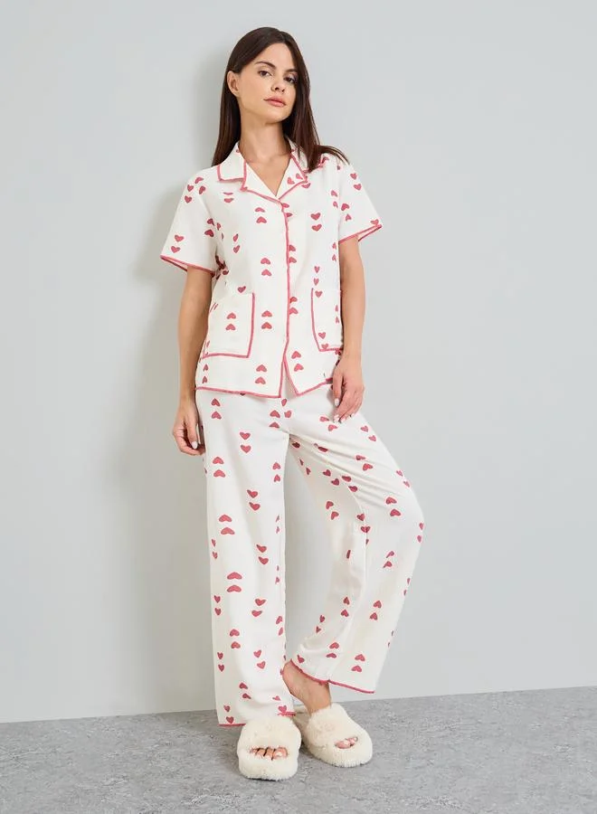 Take Two Beige Heart Print Shirt and Pants Pajama Set