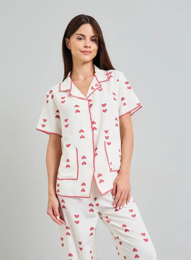 Take Two Beige Heart Print Shirt and Pants Pajama Set